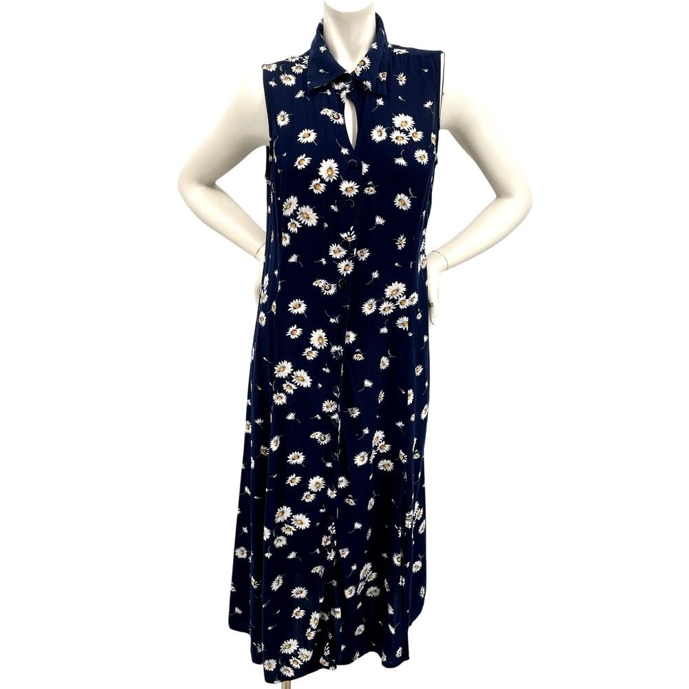 Christopher & Banks Womens Vtg Navy Midi Dress Daisy Button Front Sleeveless S